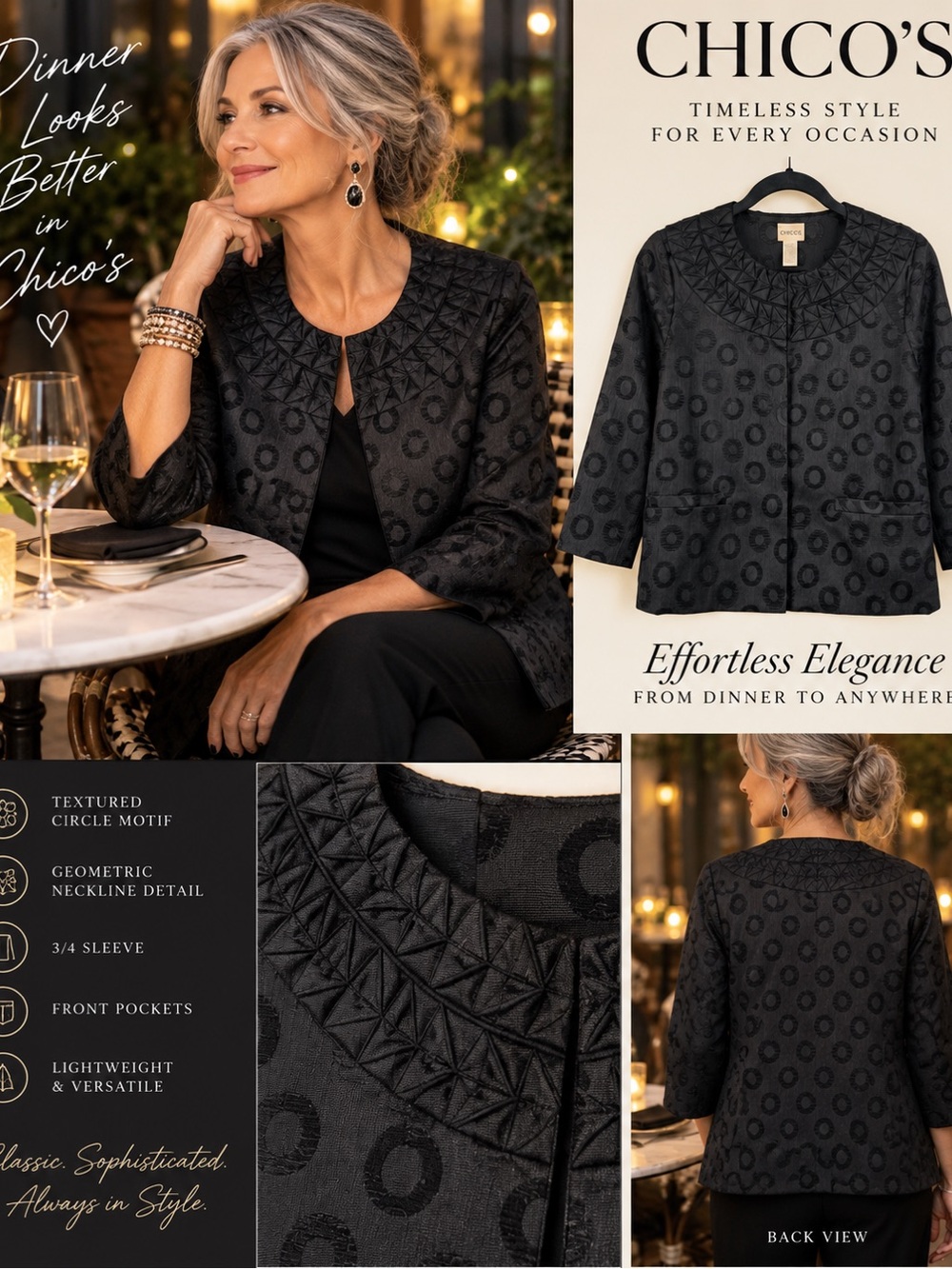 Chico's Black Textured Circle Motif Blazer